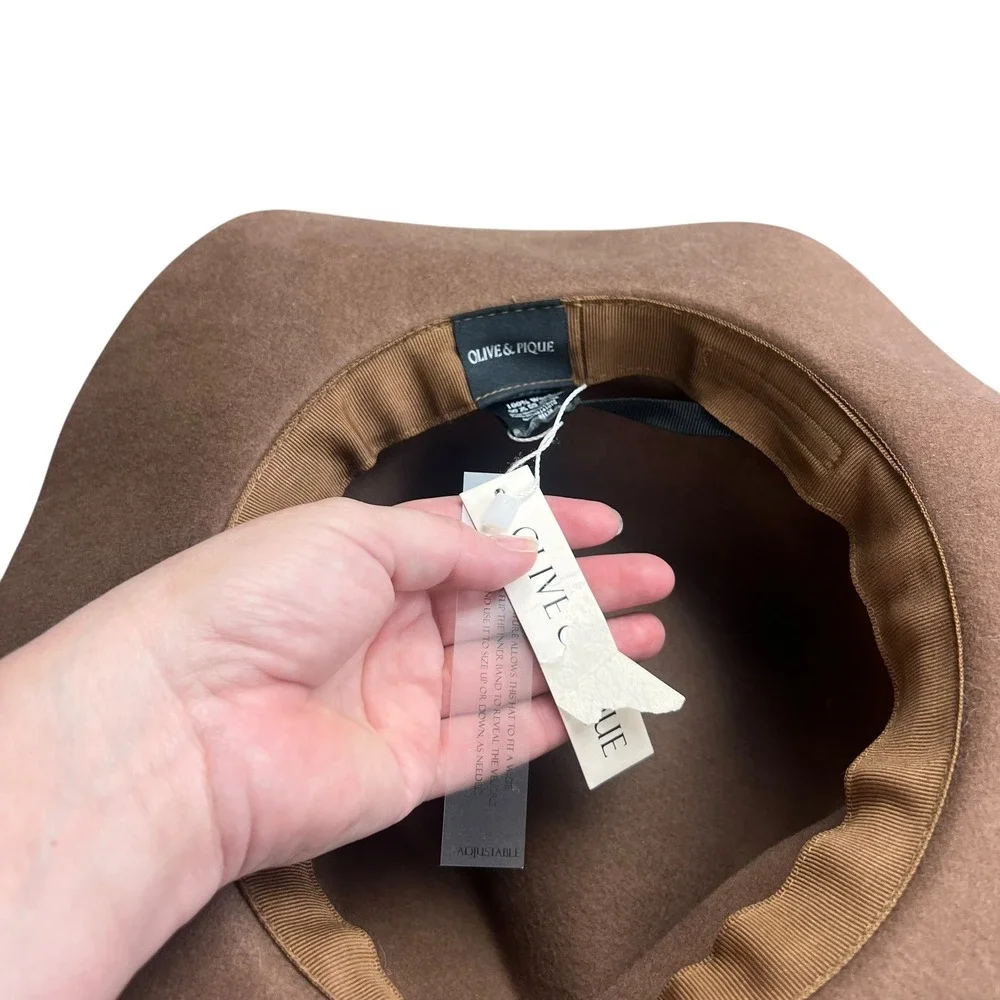 Olive & Pique Brown Wool Wide Brim Fedora Hat Adjustable Boho Ribbon Trim NWT